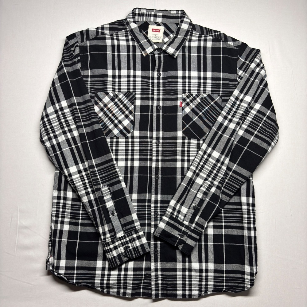 Levis Mens XL Black White Plaid Long Sleeve Button Down Shirt Flannel - Picture 2 of 8